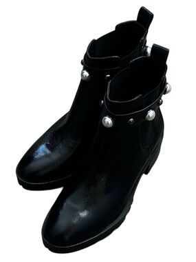 Karl Lagerfeld Paris Black Lug Sole Ankle Pearl Studded Designer Booties 8.5